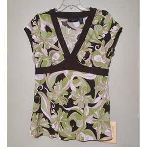 Blue Diamond Floral Print Top Brown Green V Neck Short‎ Sleeve Y2K Blouse L